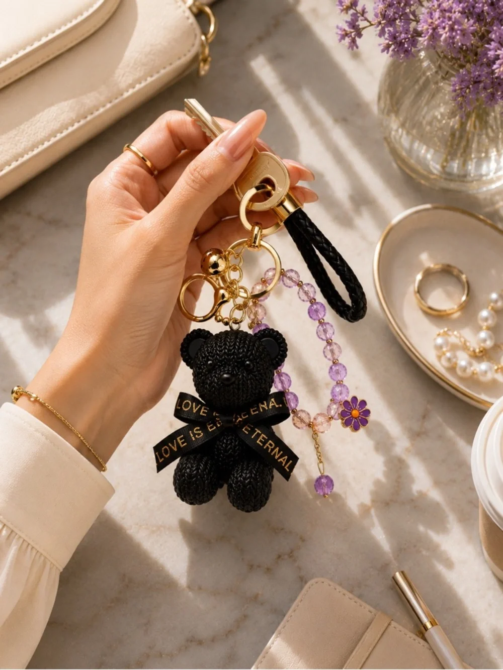 Black Forest Teddy Bear Beaded Keychain Gold Tone Bag Charm Cute Accessory